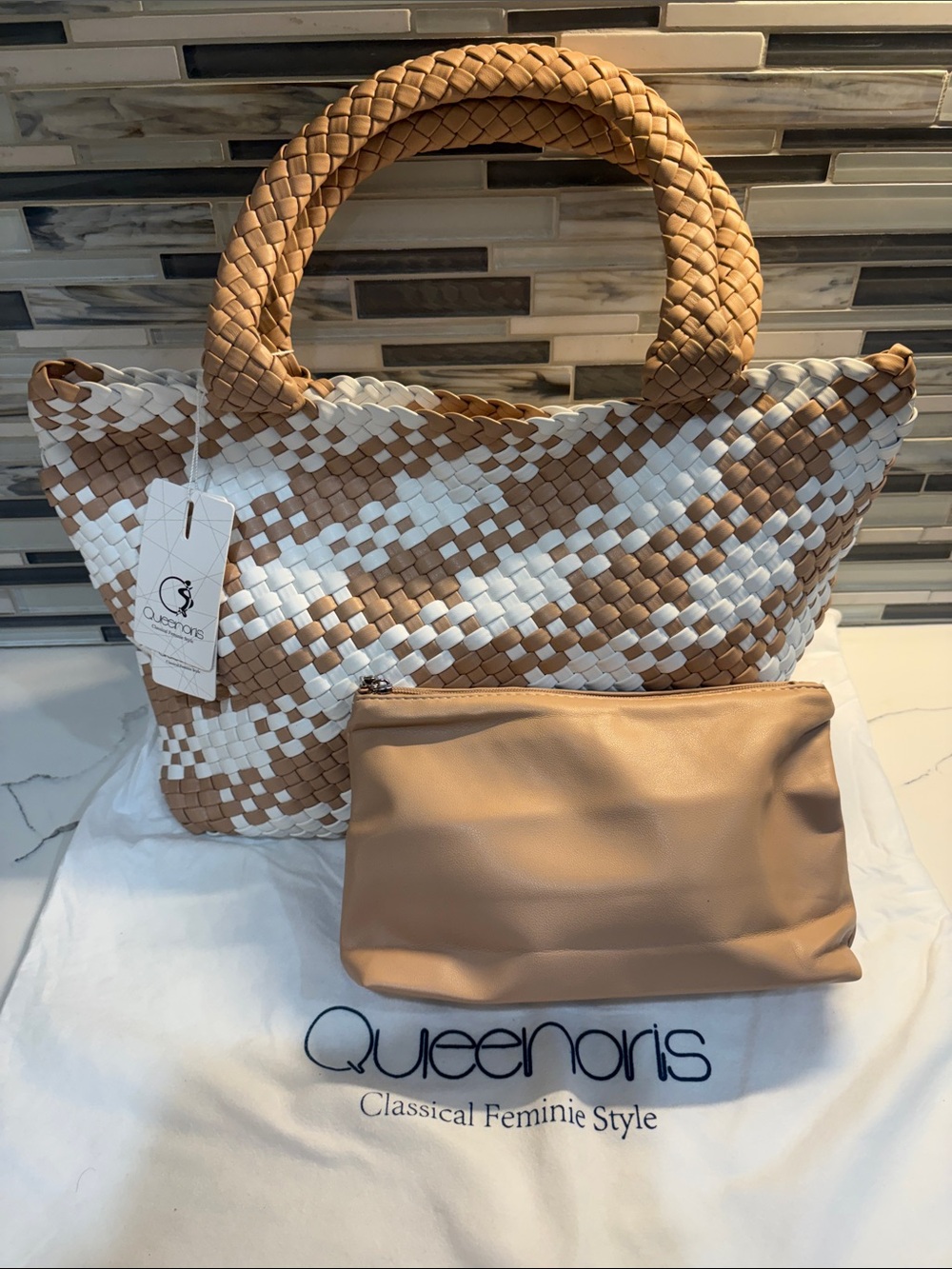 Two-Tone Woven Tote in White and Tan with Pouch